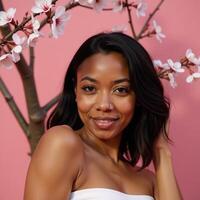 A beautiful Black woman adorns a vibrant spring setting beneath a blooming tree in a promotional portrait for skincare products highlighting her glowing hydrated skin photo