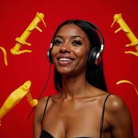 An attractive African American woman listens to music against a red backdrop adorned with yellow abstract elements photo
