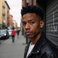 A stylish introspective Gen Z teenager stands alone on a city street with a soulful gaze and urban edge in an outdoor closeup portrait photo