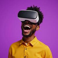 Excited AfricanAmerican cartoon character with open mouth and VR goggles against vibrant purple backdrop photo