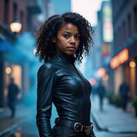 A curvaceous urban AfricanAmerican teenager strikes a dynamic pose in a glowing cityscape against a bokeh backdrop embodying a blend of superheroes and antiheroes with their vibrant fantastical photo