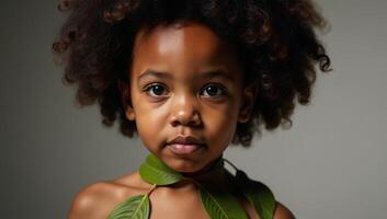 African American child adorned with tobacco leaves backlit with cinematic lighting and sporting an Afro hairstyle photo