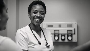 AfricanAmerican nurse in scrubs checking patient vitals with compassionate smile photo