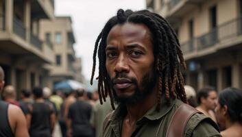 African American man with dreadlocks and sad expression amidst postapocalyptic crowd photo
