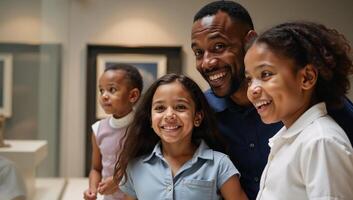 AfricanAmerican family touring a museum art showcase photo