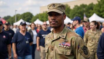 joyful tribute to AfricanAmerican veteran showcasing his pride and festive spirit while in military attire photo