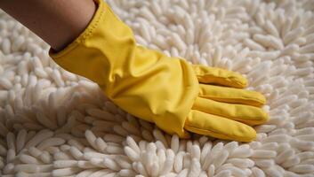 Hand with yellow glove lays down carpet closeup photo