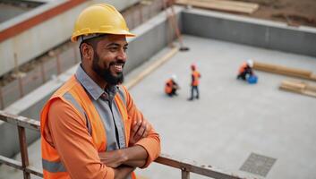 Portrait of an African American construction pro supervising work with smile helment vest photo