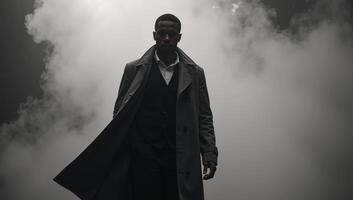 A noir detective emerges from foggy shadows clad in a long trench coat with an air of mystery as an African American protagonist photo