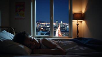African American boy asleep in his room bathed in a nighttime cityscape view photo