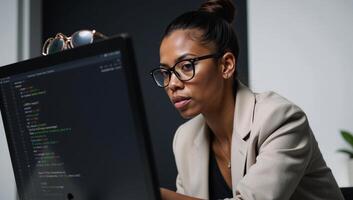 AfricanAmerican female software developer intently analyzing code on screen photo
