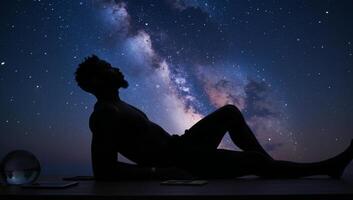 Dreaminspired portrait featuring an astral silhouette of an African American man beneath starry skies with fortune telling connotations photo