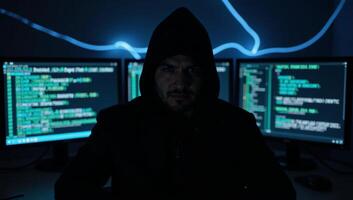 Anonymous hacker embodied as mysterious figure amidst dark web themes on ominous digital backdrop eliciting feelings of intrigue and warning photo