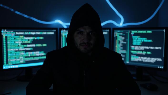 Anonymous hacker embodied as mysterious figure amidst dark web themes on ominous digital backdrop eliciting feelings of intrigue and warning