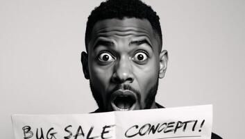 Pop Art Retro Comic Style depicts an AfricanAmerican man with a shocked and surprised expression upon learning about unbelievable news or big sales photo
