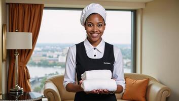 Smiling African American woman in maid uniform holding neatly stacked towels in a luxury hotel room photo