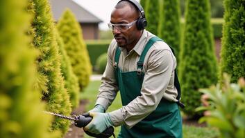 AfricanAmerican gardener in uniform works on pruning bushes using an electric tool photo