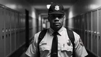 African American Security Guard with professional demeanor alert gaze and protective posture patrols a school hall conveying a sense of safety and vigilance photo