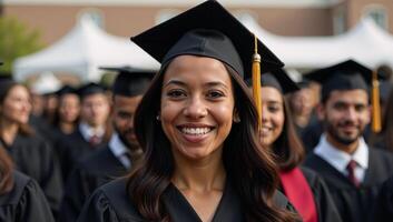 A smiling graduate in a cap and gown with fellow classmates at a commencement ceremony photo