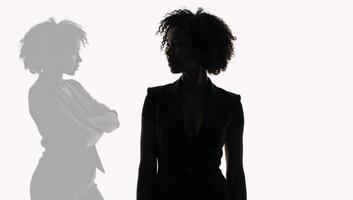 Profile portrait featuring a confident black woman with curly hair isolated against white background photo