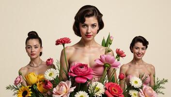 Collaged vintage people amidst a floral backdrop with separate individual elements for easy design flexibility photo