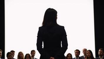 A back view portrait of an AfricanAmerican woman politician addressing a blurry audience under conference room lights photo