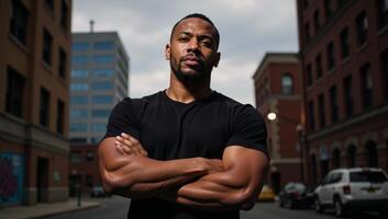 A confident African American man stands boldly against an urban backdrop under dramatic lighting with a powerful pose in a black TShirt photo
