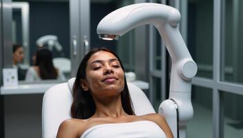 A young African American woman receives customized skincare treatment using advanced robotics at a futuristic salon photo