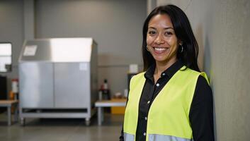 Portrait of a beaming AfricanAmerican woman in a reflective vest amidst a gritty warehouse setting photo