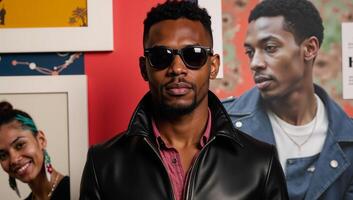 Modernistic digital illustration features an urbanchic African American man in sunglasses amidst abstraction and style photo