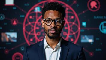 AIcentered cybersecurity challenge featuring a Black African American IT specialist addressing the issue photo