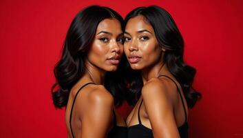 Two AfricanAmerican women both with flowing black waves posed closely on a red backdrop photo