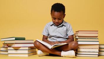 An African American boy is shown engrossed in a book stack photo