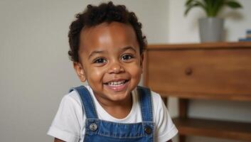 African American toddler smiling and seated alone photo