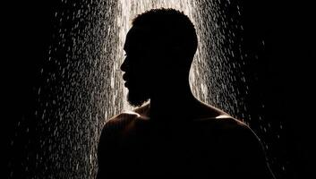 A cooling shower scene featuring a black AfricanAmerican man in silhouette with refreshing water pouring over him photo