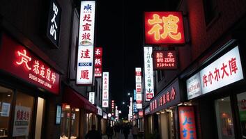 A neonlit alleyway in Japan at night photo