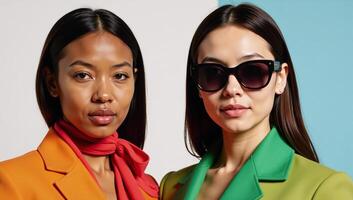 A vibrant image featuring two diverse women in sunglasses epitomizing womanhood and diversity photo