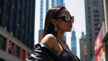 A striking highresolution photo features a bold African American woman donning futuristic goggles and a sleek leather jacket