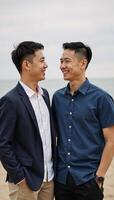 Portrayal of an affectionate young Asian gay couples joyful connection with subdued backdrop highlights their love and bond photo