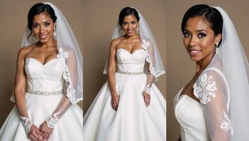 Black bride adorned in white wedding gown with veil and bridal makeup for ceremony photo