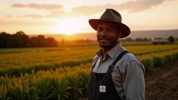 African American Farmer stands amidst harvested field during twilight photo