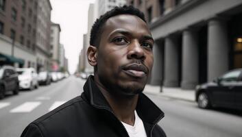 Street portrait Young AfricanAmerican man closeup front view looking up on the street photo
