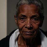 Elder African American woman struggling with Dementia and Alzheimersrelated disorders due to her deteriorating cognitive condition photo