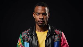 African American man in a bold jacket made from black leather photo