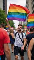 An inclusive LGBT Pride Parade featuring diverse participants including various gay couples and allies all waving vibrant rainbow flags photo