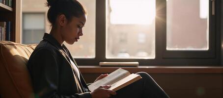 A sunlit college library scene Closeup of deep concentration on an African American student with a book seated in a cozy corner photo