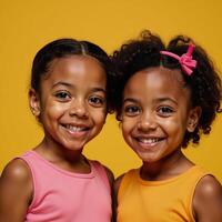 Closeup portrait of cheerful African American sisters against bright yellow backdrop for Siblings Day celebration photo