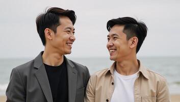 Portrayal of an affectionate young Asian gay couples joyful connection with subdued backdrop highlights their love and bond photo