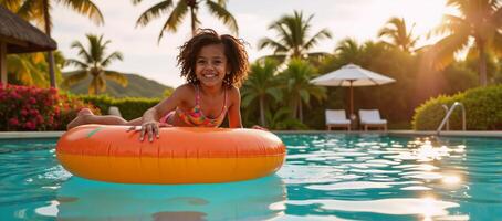 A joyful African American girl relaxes on a bright pool float at a vibrant tropical resort amidst sunlit waters and sparkling reflections capturing the essence of a carefree summer photo