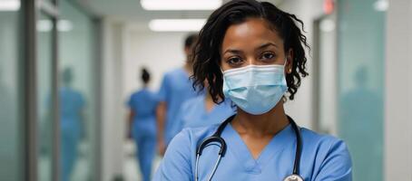 A confident African American woman wearing a mask and uniform stands before a blurry hospital backdrop with colleagues photo